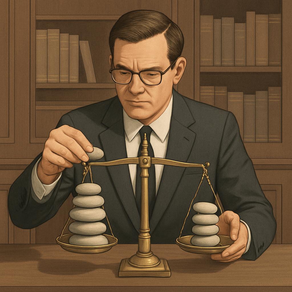 A person in a suit, sitting at a desk with antique-looking scales in their hands, against a bookshelf backdrop.
