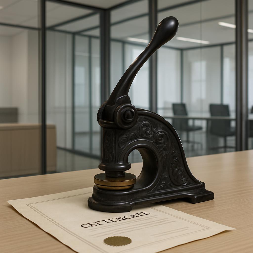 A black embosser on top of a large off-white certificate labeled: "CERTIFICATE", resting on a light wooden desk in a offic...