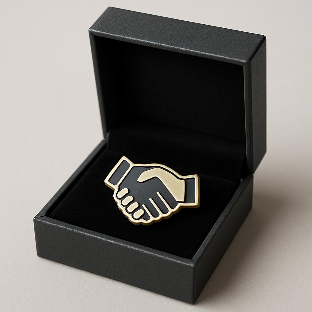 A digital illustration of an open dark gray jewelry box with velvet lining, revealing a 3D graphic badge or pin depicting ...